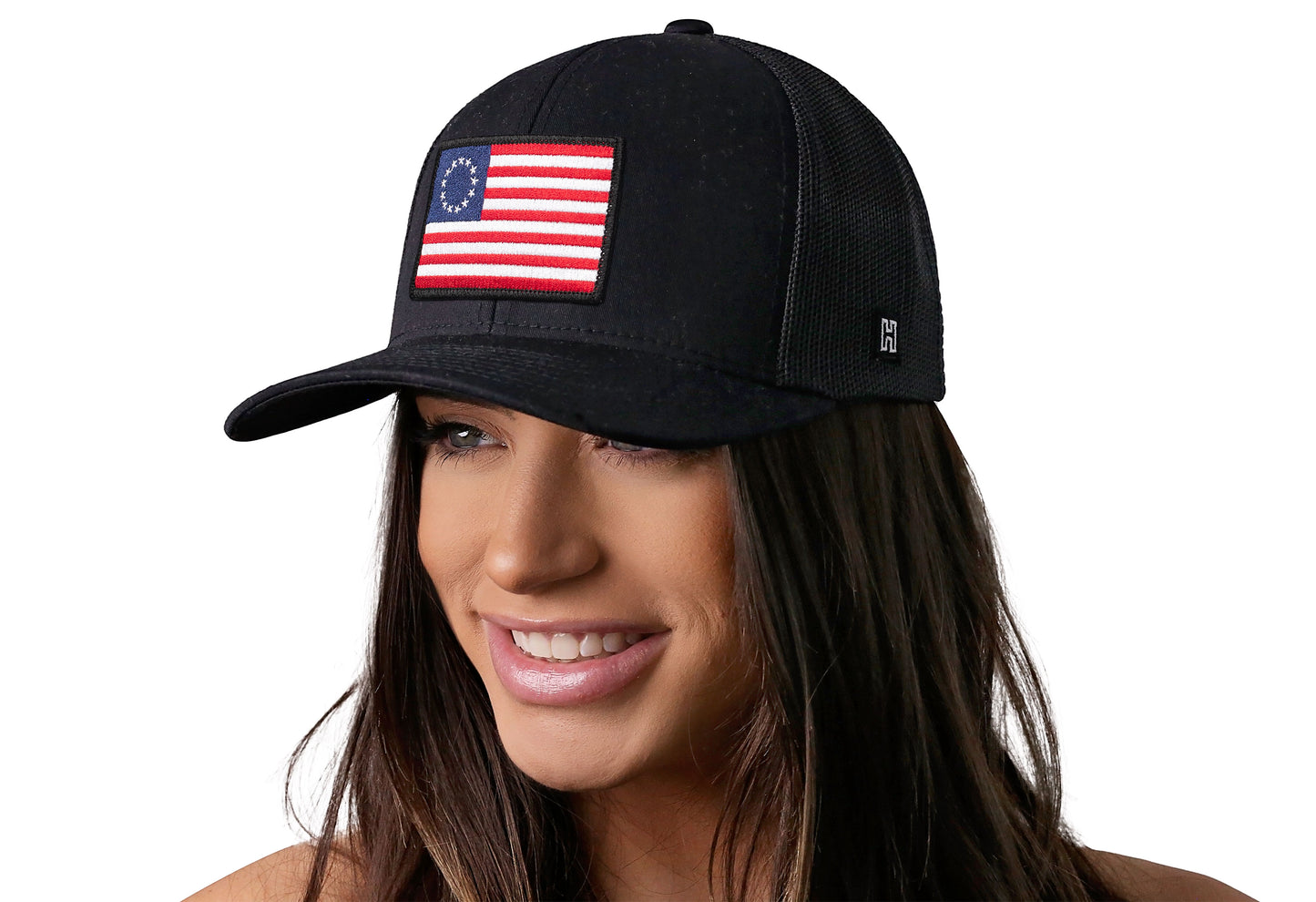 Betsy Ross Flag Trucker Hat  |  Black USA Snapback