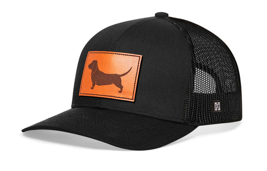 Dachshund Trucker Hat Leather | Black Dog Snapback