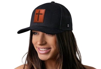 Cross Trucker Hat Rectangle Leather  |  Black Christian Snapback