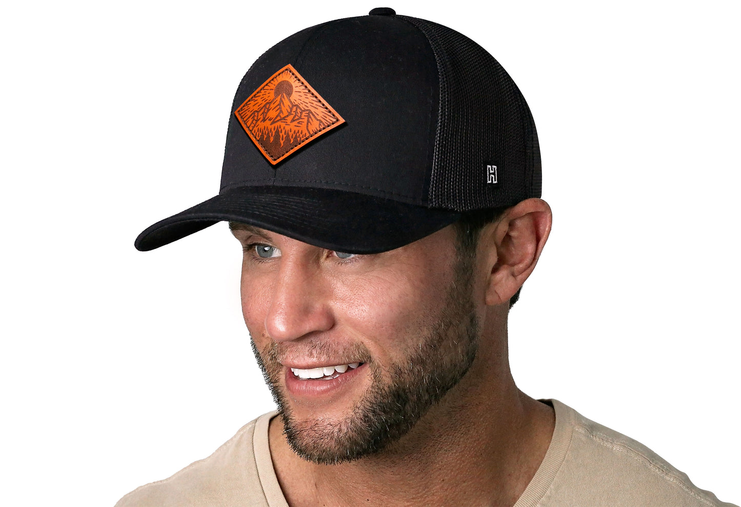 Mountains and Trees Trucker Hat Leather  |  Black Outdoors Snapback