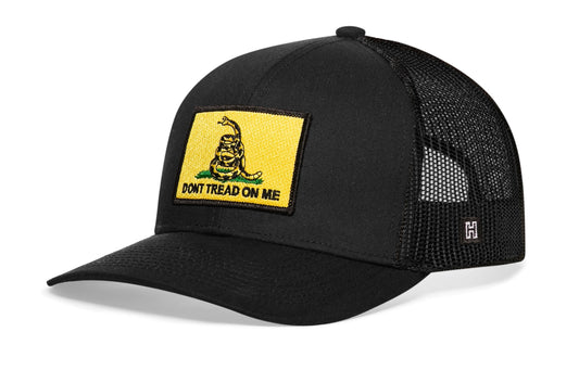 Dont Tread On Me Trucker Hat, black snapback showing Haka brandmark on left side of cap.