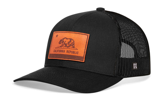 California Flag Trucker Hat Leather  |  Black CA Snapback