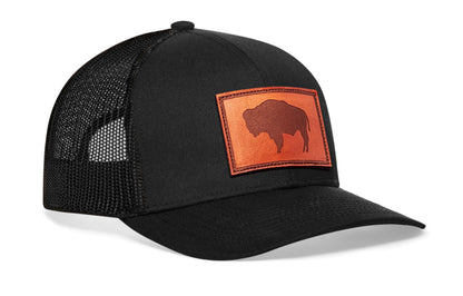 Wyoming Flag Trucker Hat Leather  |  Black WY Snapback